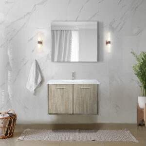 Fairbanks 36W x 20D Rustic Acacia Bath Vanity, Cultured Marble Top and Brushed Nickel Faucet Set