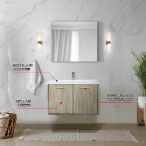 Fairbanks 36W x 20D Rustic Acacia Bath Vanity, White Quartz Top and Chrome Faucet Set