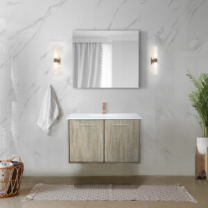 Fairbanks 36W x 20D Rustic Acacia Bath Vanity, Cultured Marble Top and Rose Gold Faucet Set