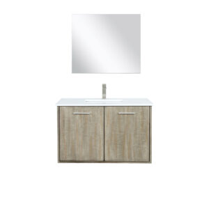 Fairbanks 36W x 20D Rustic Acacia Bath Vanity, Cultured Marble Top, Brushed Nickel Faucet Set and 28Mirror