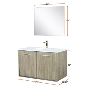 Fairbanks 36W x 20D Rustic Acacia Bath Vanity, White Quartz Top, Brushed Nickel Faucet Set and 28Mirror