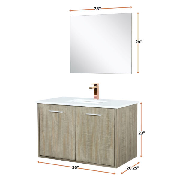 Fairbanks 36W x 20D Rustic Acacia Bath Vanity, White Quartz Top, Rose Gold Faucet Set and 28Mirror