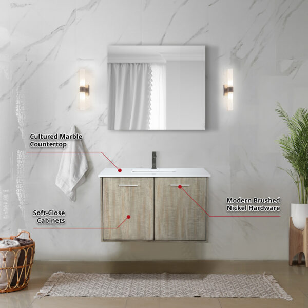 Fairbanks 36W x 20D Rustic Acacia Bath Vanity, Cultured Marble Top and Gun Metal Faucet Set