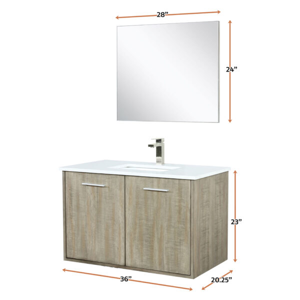 Fairbanks 36W x 20D Rustic Acacia Bath Vanity, Cultured Marble Top, Brushed Nickel Faucet Set and 28Mirror