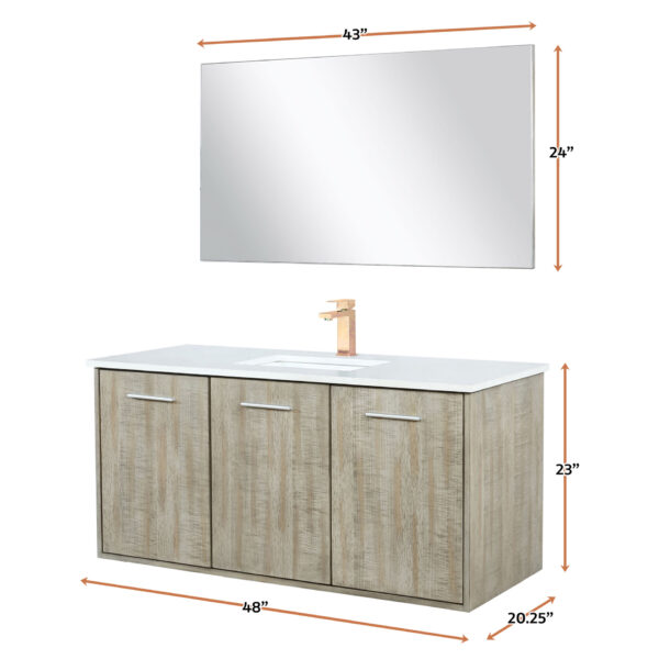 Fairbanks 48W x 20D Rustic Acacia Bath Vanity, White Quartz Top, Rose Gold Faucet Set and 43Mirror