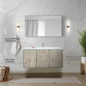 Fairbanks 48W x 20D Rustic Acacia Bath Vanity, Cultured Marble Top and Brushed Nickel Faucet Set