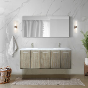 Fairbanks 60W x 20D Rustic Acacia Double Bath Vanity, Cultured Marble Top and Brushed Nickel Faucet Set