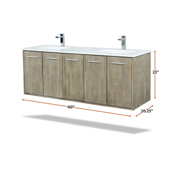 Fairbanks 60W x 20D Rustic Acacia Double Bath Vanity, White Quartz Top and Chrome Faucet Set