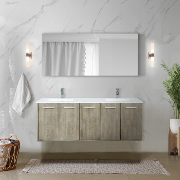 Fairbanks 60W x 20D Rustic Acacia Double Bath Vanity, Cultured Marble Top and Chrome Faucet Set