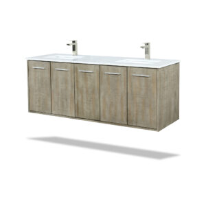 Fairbanks 60W x 20D Rustic Acacia Double Bath Vanity, Cultured Marble Top and Brushed Nickel Faucet Set