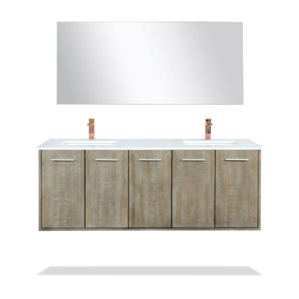 Fairbanks 60W x 20D Rustic Acacia Double Bath Vanity, Cultured Marble Top, Chrome Faucet Set and 55Mirror