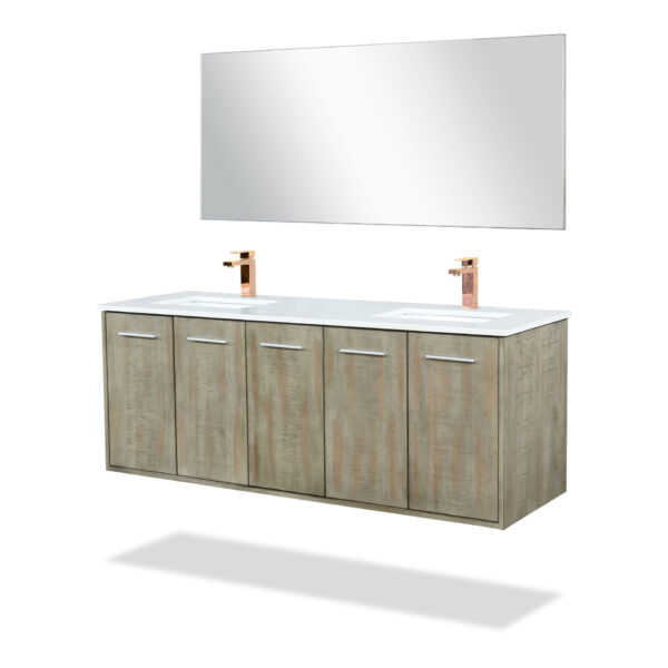 Fairbanks 60W x 20D Rustic Acacia Double Bath Vanity, Cultured Marble Top, Chrome Faucet Set and 55Mirror