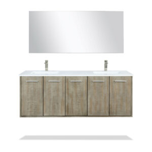 Fairbanks 60W x 20D Rustic Acacia Double Bath Vanity, Cultured Marble Top, Brushed Nickel Faucet Set and 55Mirror