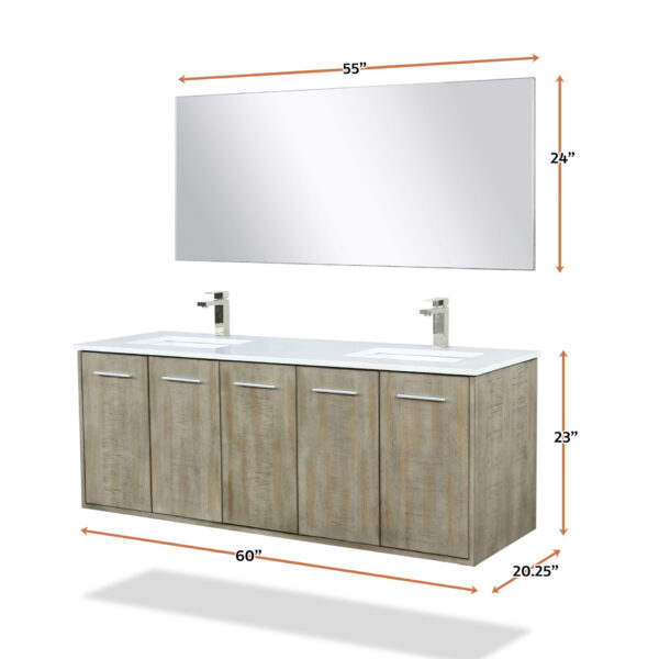 Fairbanks 60W x 20D Rustic Acacia Double Bath Vanity, White Quartz Top, Brushed Nickel Faucet Set and 55Mirror