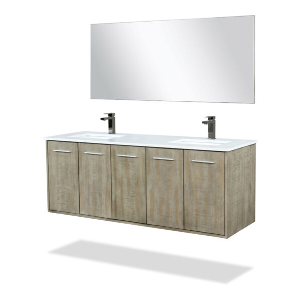 Fairbanks 60W x 20D Rustic Acacia Double Bath Vanity, Cultured Marble Top, Gun Metal Faucet Set and 55Mirror