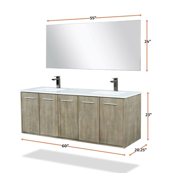 Fairbanks 60W x 20D Rustic Acacia Double Bath Vanity, White Quartz Top, Gun Metal Faucet Set and 55Mirror