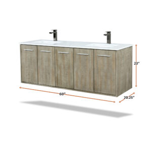 Fairbanks 60W x 20D Rustic Acacia Double Bath Vanity, Cultured Marble Top and Gun Metal Faucet Set