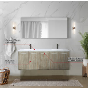 Fairbanks 60W x 20D Rustic Acacia Double Bath Vanity, Cultured Marble Top and Gun Metal Faucet Set