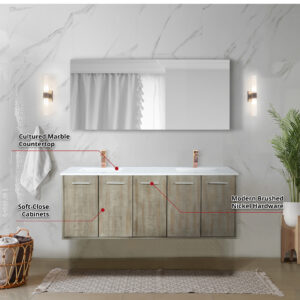 Fairbanks 60W x 20D Rustic Acacia Double Bath Vanity, Cultured Marble Top and Rose Gold Faucet Set