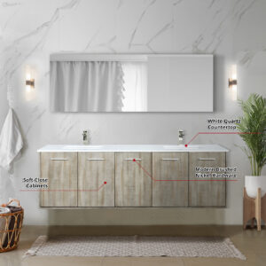 Fairbanks 72W x 20D Rustic Acacia Double Bath Vanity, White Quartz Top and Brushed Nickel Faucet Set