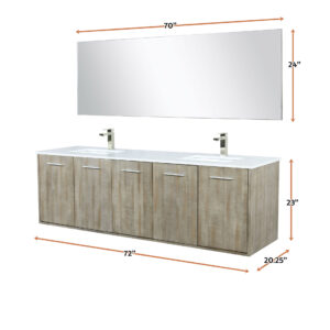 Fairbanks 72W x 20D Rustic Acacia Double Bath Vanity, White Quartz Top, Brushed Nickel Faucet Set and 70Mirror