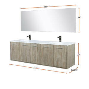 Fairbanks 72W x 20D Rustic Acacia Double Bath Vanity, White Quartz Top, Gun Metal Faucet Set and 70Mirror