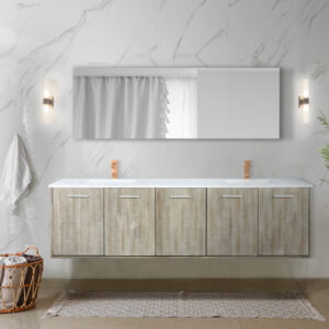 Fairbanks 80W x 20D Rustic Acacia Double Bath Vanity, Cultured Marble Top and Rose Gold Faucet Set