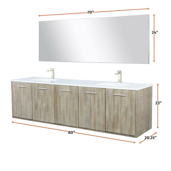 Fairbanks 80W x 20D Rustic Acacia Double Bath Vanity, White Quartz Top, Brushed Nickel Faucet Set and 70Mirror