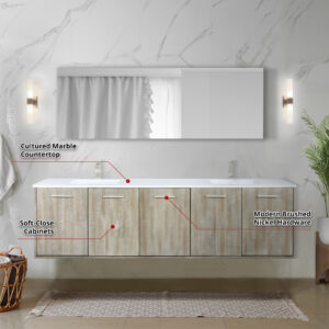 Fairbanks 80W x 20D Rustic Acacia Double Bath Vanity, Cultured Marble Top and Brushed Nickel Faucet Set