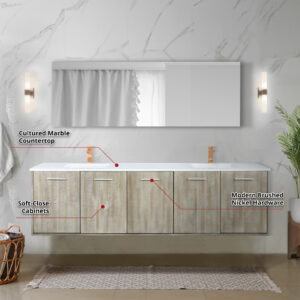 Fairbanks 80W x 20D Rustic Acacia Double Bath Vanity, Cultured Marble Top and Rose Gold Faucet Set