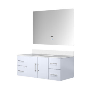 Geneva 48 in. W x 22 in. D Glossy White Bath Vanity, White Quartz Top, and 48 in. LED Mirror