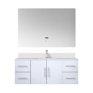 Geneva 48 in. W x 22 in. D Glossy White Bath Vanity, White Quartz Top, Faucet Set, and 48 in. LED Mirror