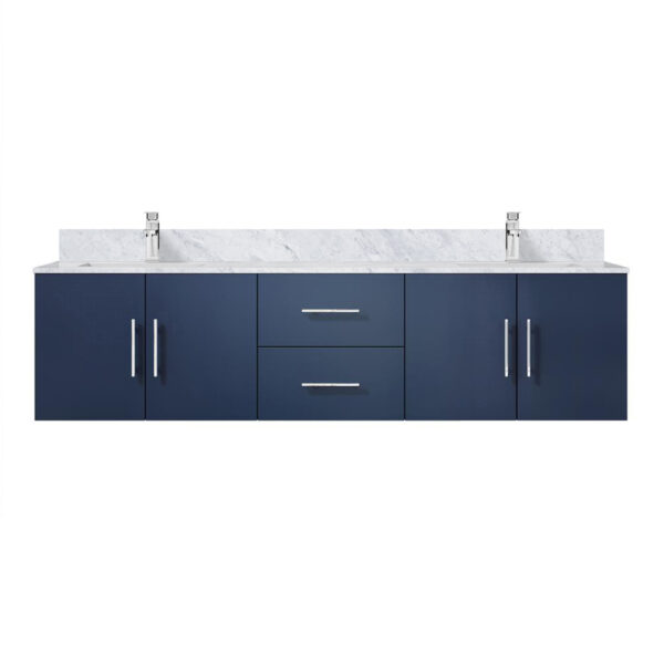 Geneva 72 in. W x 22 in. D Navy Blue Double Bath Vanity, Carrara Marble Top, and Faucet Set