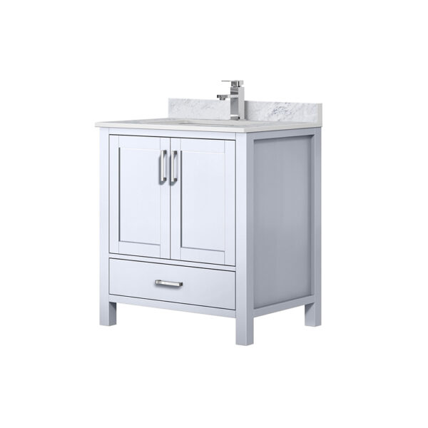 Jacques 30 in. W x 22 in. D White Bath Vanity, Carrara Marble Top, and Faucet Set