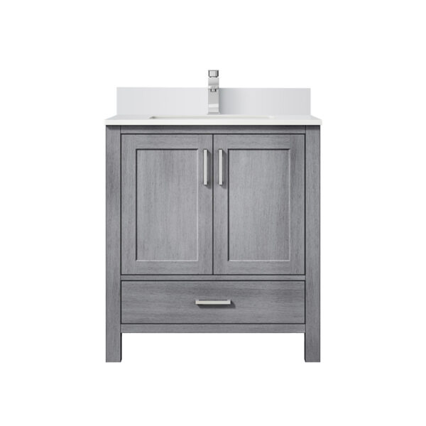 Jacques 30 in. W x 22 in. D Distressed Grey Bath Vanity, White Quartz Top, and Faucet Set