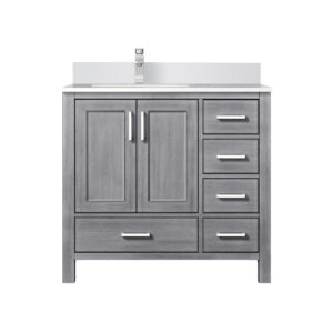 Jacques 36 in. W x 22 in. D Left Offset Distressed Grey Bath Vanity, White Quartz Top, and Faucet Set