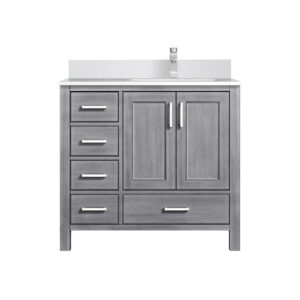 Jacques 36 in. W x 22 in. D Right Offset Distressed Grey Bath Vanity, Cultured Marble Top, and Faucet Set