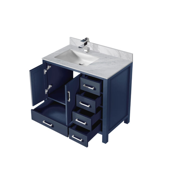 Jacques 36 in. W x 22 in. D Left Offset Navy Blue Bath Vanity, Carrara Marble Top, and Faucet Set