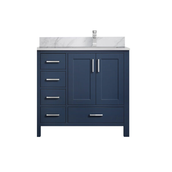 Jacques 36 in. W x 22 in. D Right Offset Navy Blue Bath Vanity, Carrara Marble Top, and Faucet Set