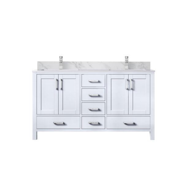 Jacques 60 in. W x 22 in. D White Double Bath Vanity, Carrara Marble Top, and Faucet Set