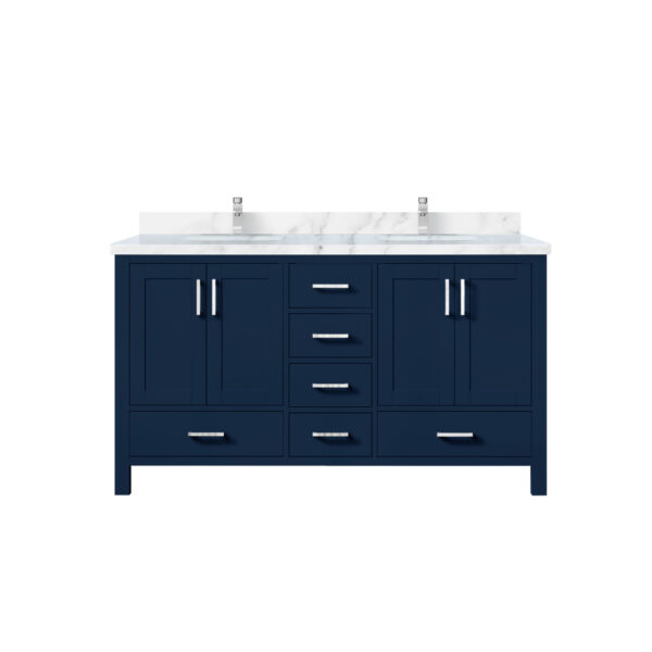 Jacques 60 in. W x 22 in. D Navy Blue Double Bath Vanity, Carrara Marble Top, and Faucet Set