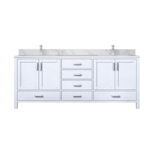 Jacques 80 in. W x 22 in. D White Double Bath Vanity, Carrara Marble Top, and Faucet Set