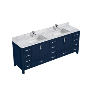 Jacques 84 in. W x 22 in. D Navy Blue Double Bath Vanity, Carrara Marble Top, and Faucet Set