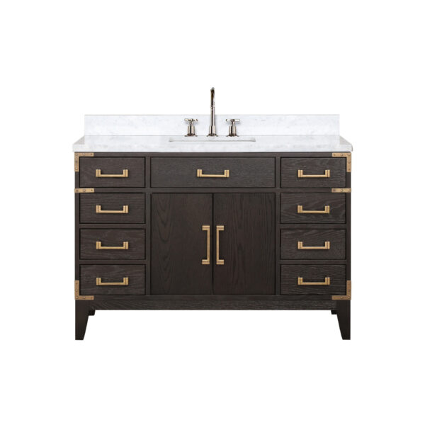 Laurel 48W x 22D Brown Oak Single Bath Vanity, Carrara Marble Top, and Faucet Set