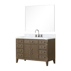 Laurel 48W x 22D Grey Oak Single Bath Vanity, Carrara Marble Top, Faucet Set, and 46Mirror