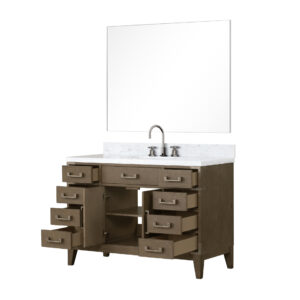 Laurel 48W x 22D Grey Oak Single Bath Vanity, Carrara Marble Top, Faucet Set, and 46Mirror