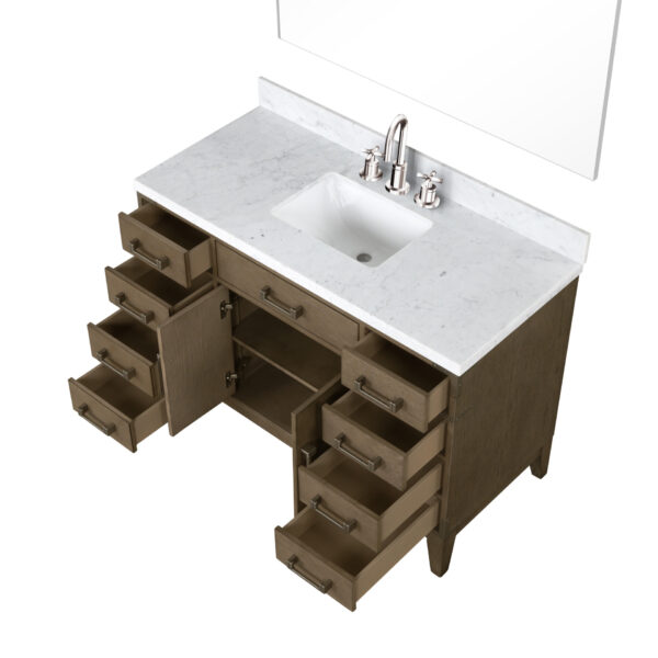 Laurel 48W x 22D Grey Oak Single Bath Vanity, Carrara Marble Top, Faucet Set, and 46Mirror