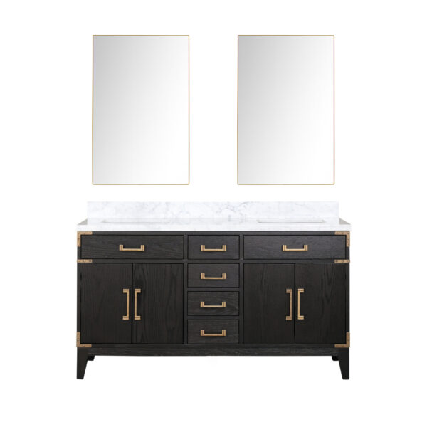 Laurel 60W x 22D Black Oak Double Bath Vanity, Carrara Marble Top, and 28Mirrors