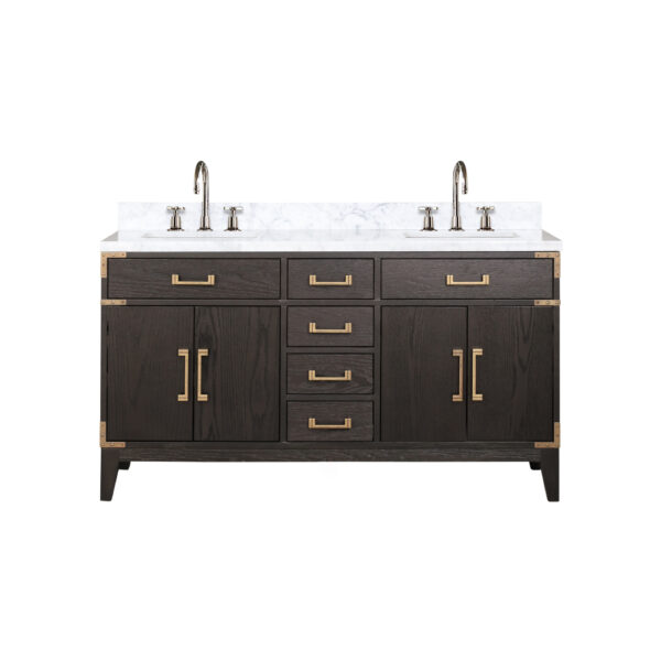 Laurel 60W x 22D Brown Oak Double Bath Vanity, Carrara Marble Top, and Faucet Set