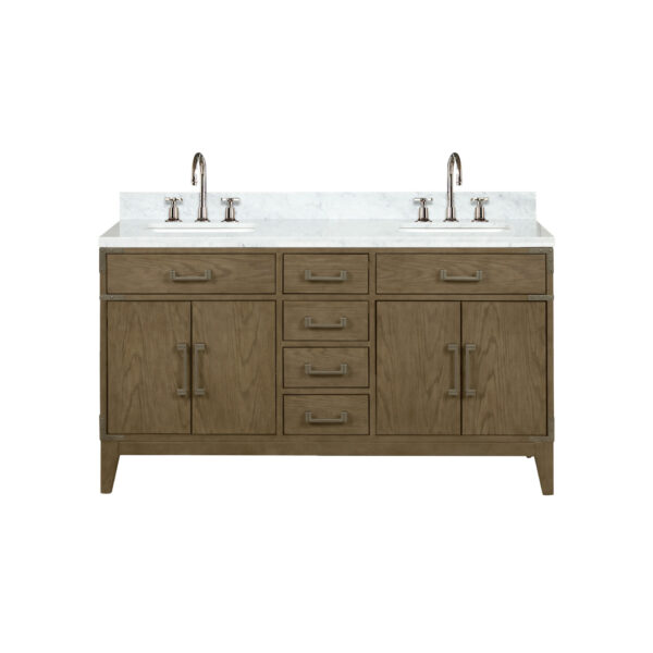 Laurel 60W x 22D Grey Oak Double Bath Vanity, Carrara Marble Top, and Faucet Set